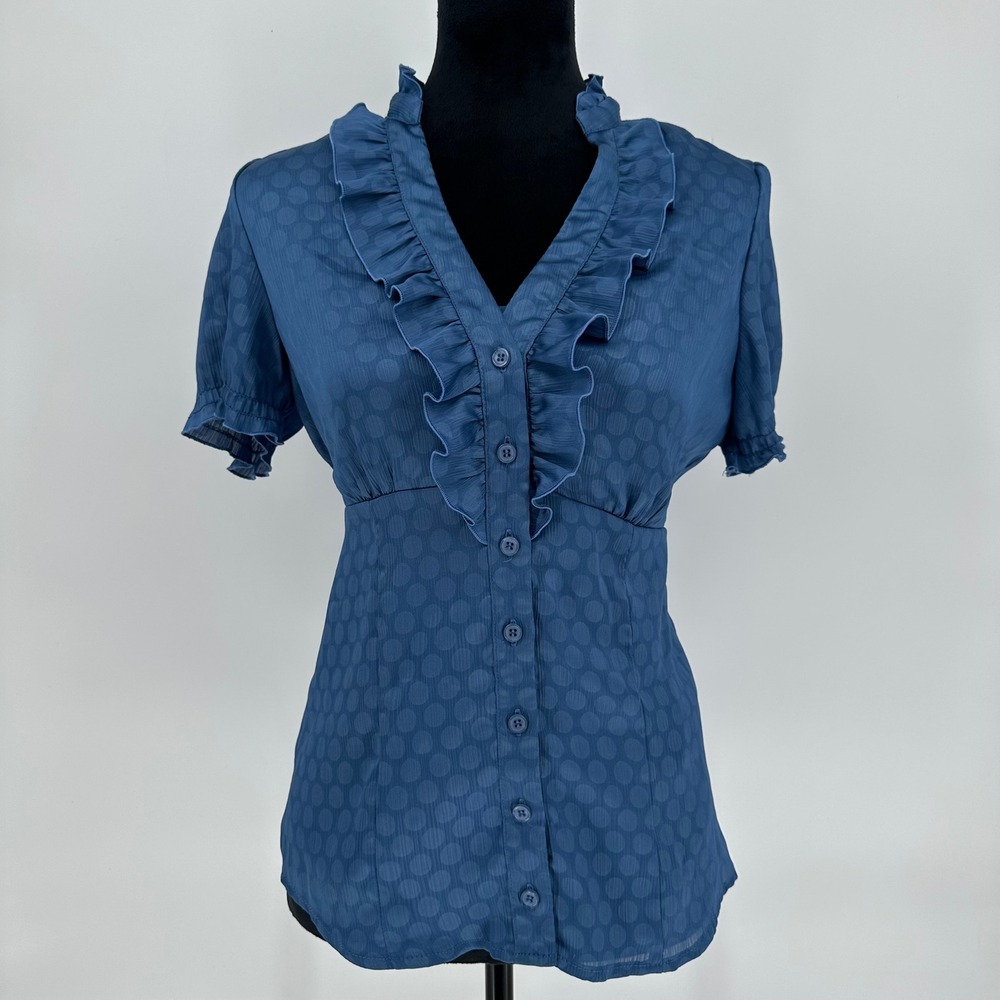 Y2K AGB‎ Blue Polka Dot Ruffle V-Neck Poplin Short Sleeve Blouse Top Medium